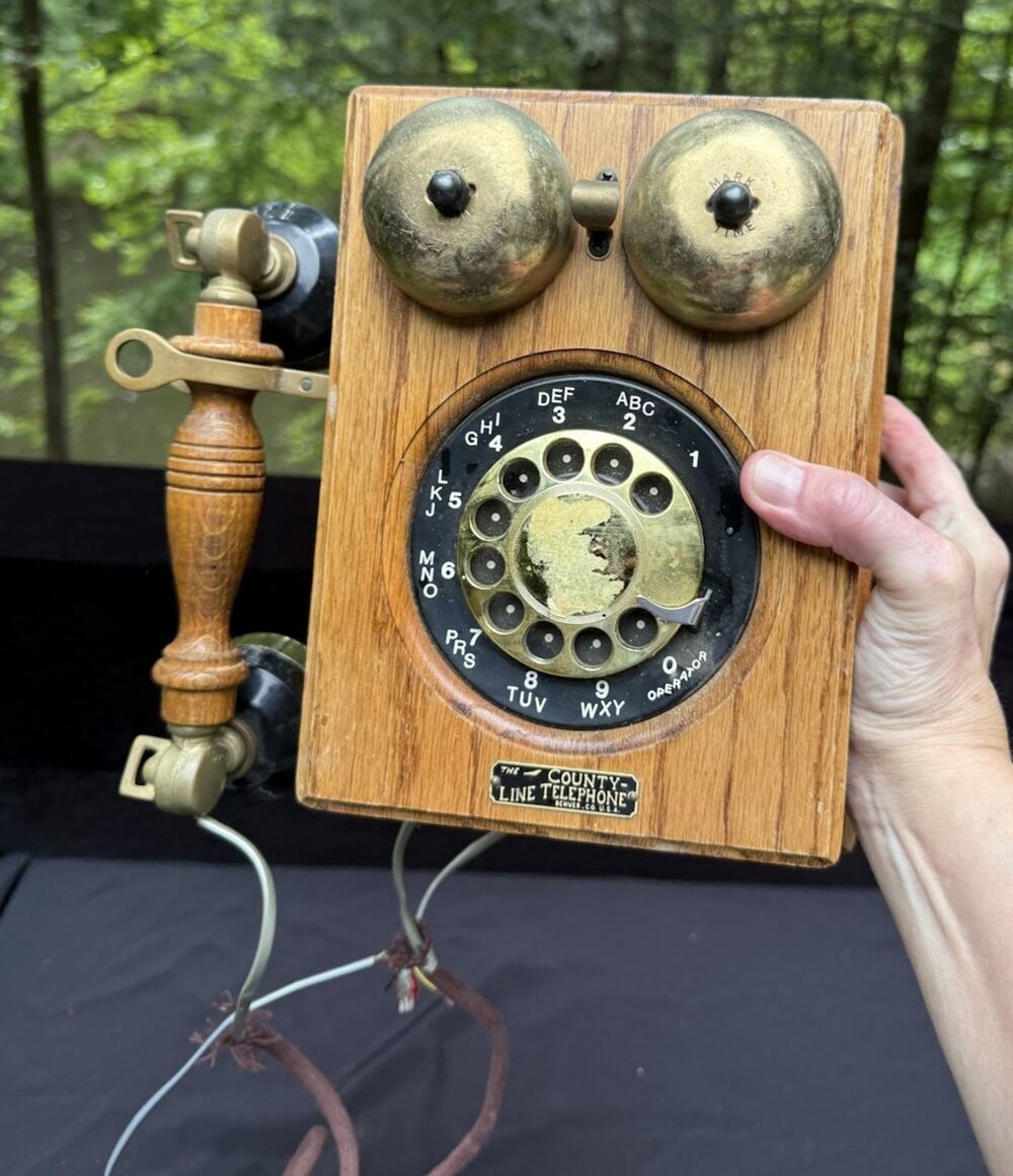 Vintage County Line Telephone Wood Wall Phone Rotary W/ Brass Accents Used